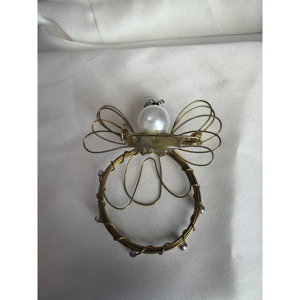 90's Vintage Wire Angel Brooch Pin Faux Pearl Brass Celestial Jewelry